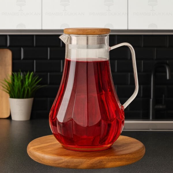 1800ML ÇİZGİLİ, AKASYA KAPAKLI BOROSİLİKAT CAM SÜRAHİ (77012)