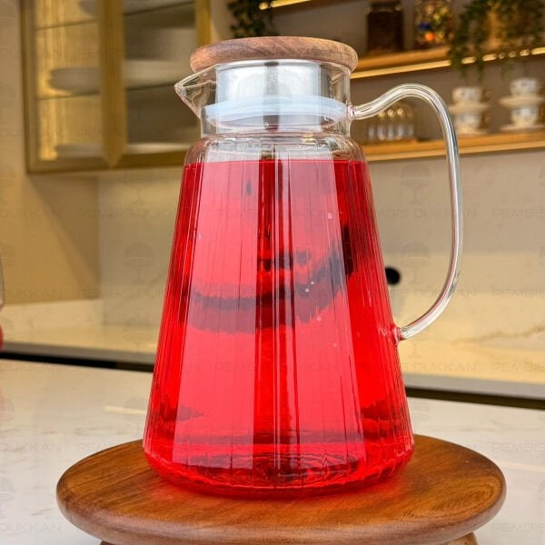 1800ML ÇİZGİLİ, AKASYA KAPAKLI BOROSİLİKAT CAM SÜRAHİ (77010)