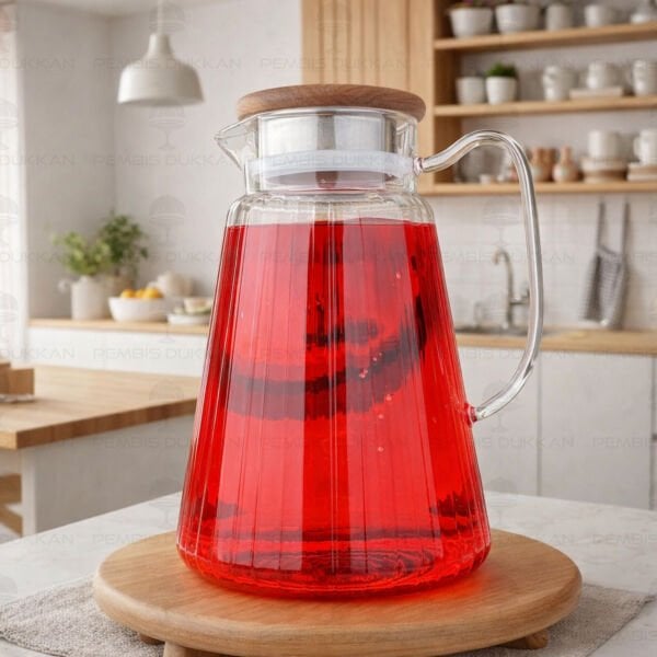 1800ML ÇİZGİLİ, AKASYA KAPAKLI BOROSİLİKAT CAM SÜRAHİ (77010)