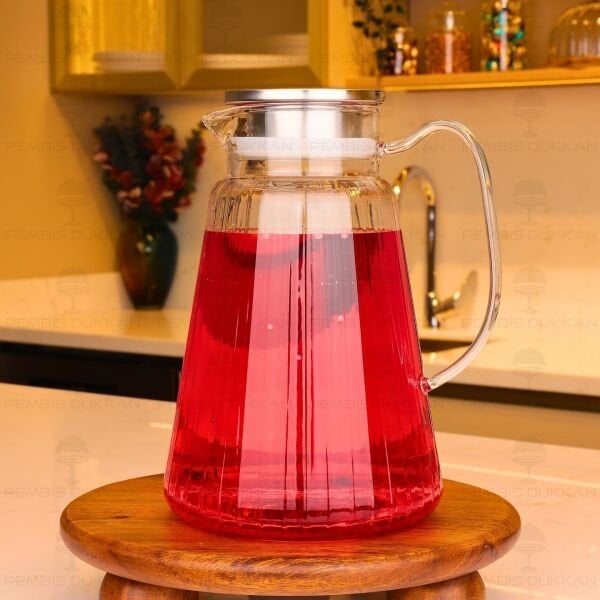 1800ML ÇİZGİLİ, METAL KAPAKLI BOROSİLİKAT CAM SÜRAHİ (77005)