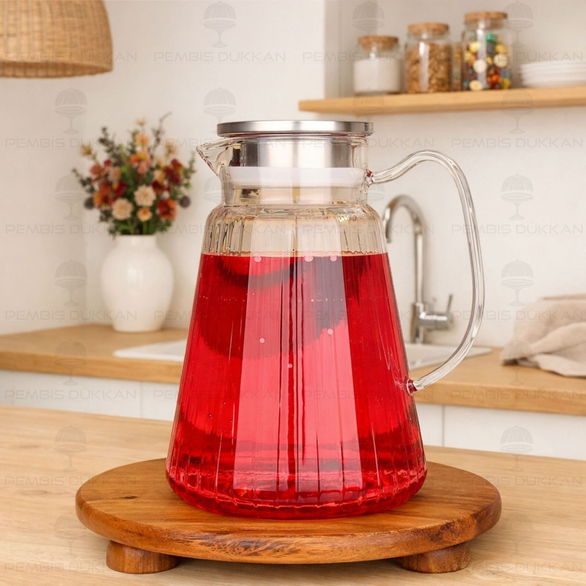 1800ML ÇİZGİLİ, METAL KAPAKLI BOROSİLİKAT CAM SÜRAHİ (77005)