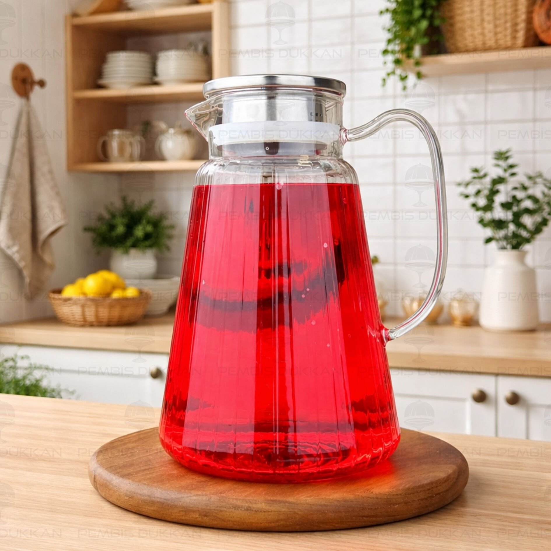 1800ML ÇİZGİLİ, METAL KAPAKLI BOROSİLİKAT CAM SÜRAHİ (77005)