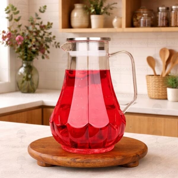 1800ml Çizgili, Metal Kapaklı Borosilikat Cam Sürahi (77007)
