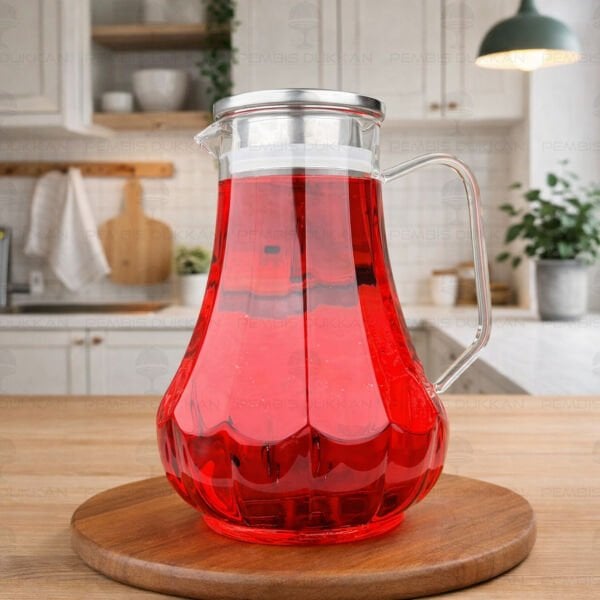 1800ML ÇİZGİLİ, METAL KAPAKLI BOROSİLİKAT CAM SÜRAHİ (77007)