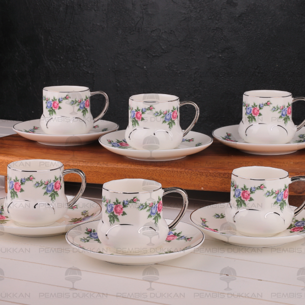 KANAVİÇE DESENLİ, GÜMÜŞ YALDIZLI 6 KİŞİLİK FİNCAN TAKIMI (MN 0368)