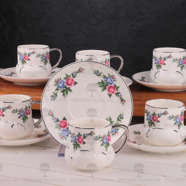 KANAVİÇE DESENLİ, GÜMÜŞ YALDIZLI 6 KİŞİLİK FİNCAN TAKIMI (MN 0368)