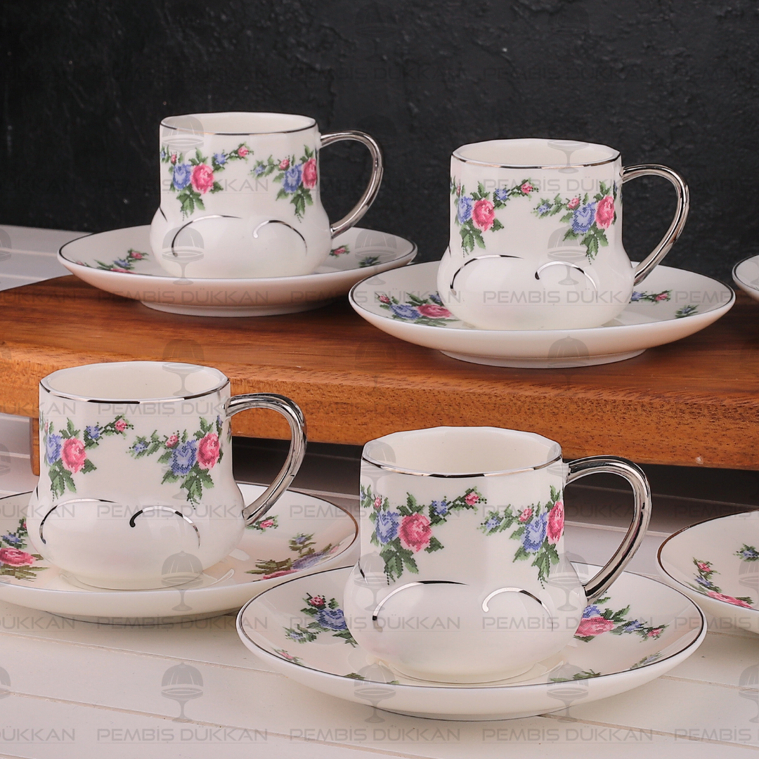 KANAVİÇE DESENLİ, GÜMÜŞ YALDIZLI 6 KİŞİLİK FİNCAN TAKIMI (MN 0368)