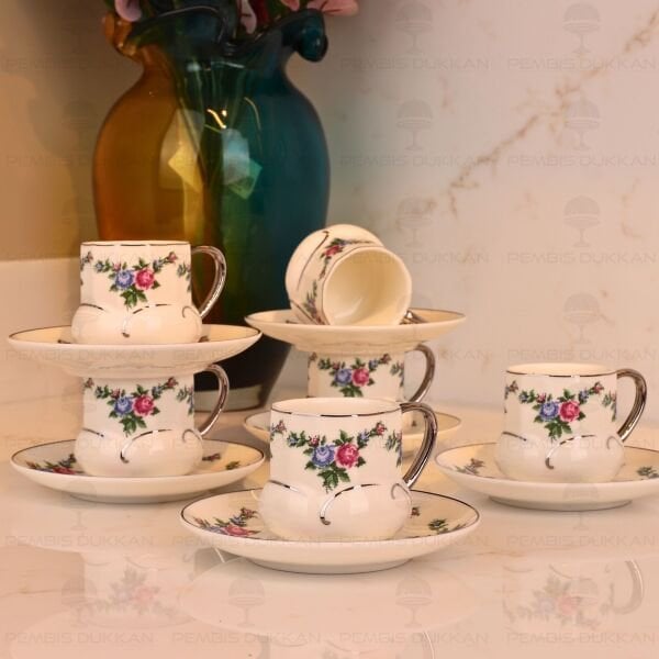 KANAVİÇE DESENLİ, GÜMÜŞ YALDIZLI 6 KİŞİLİK FİNCAN TAKIMI (MN 0368)