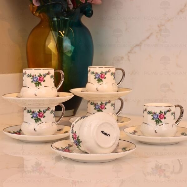 KANAVİÇE DESENLİ, GÜMÜŞ YALDIZLI 6 KİŞİLİK FİNCAN TAKIMI (MN 0368)