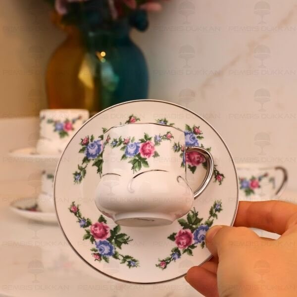 KANAVİÇE DESENLİ, GÜMÜŞ YALDIZLI 6 KİŞİLİK FİNCAN TAKIMI (MN 0368)