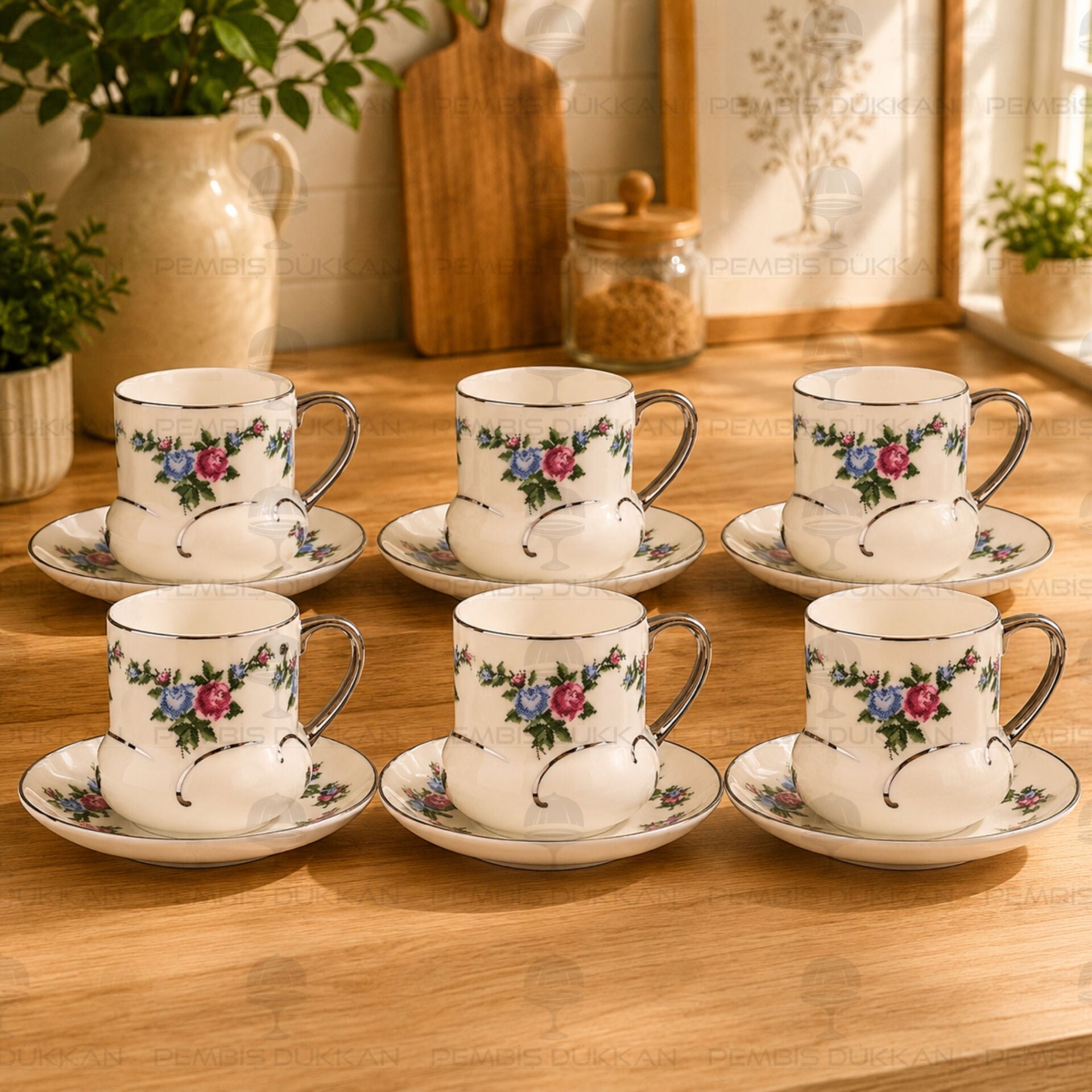 KANAVİÇE DESENLİ, GÜMÜŞ YALDIZLI 6 KİŞİLİK FİNCAN TAKIMI (MN 0368)