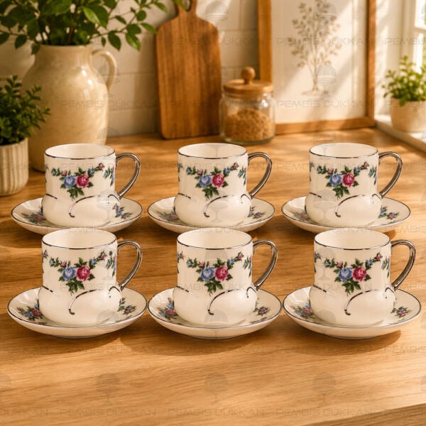 KANAVİÇE DESENLİ, GÜMÜŞ YALDIZLI 6 KİŞİLİK FİNCAN TAKIMI (MN 0368)