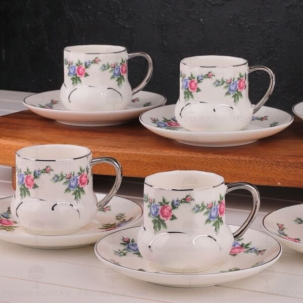 KANAVİÇE DESENLİ, GÜMÜŞ YALDIZLI 6 KİŞİLİK FİNCAN TAKIMI (MN 0368)