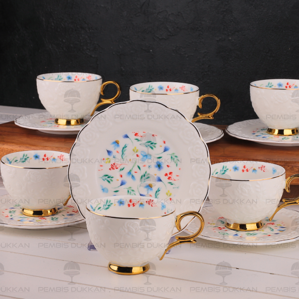 ÇİÇEKLİ KABARTMA DOKULU 6 KİŞİLİK FİNCAN TAKIMI (MN 0369)