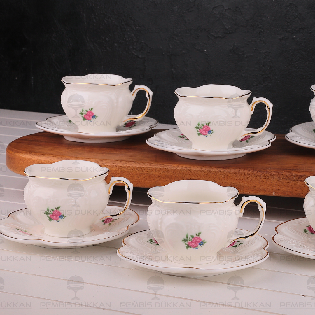 KABARTMA DOKULU, ÇİÇEKLİ PİNTEREST 6 KİŞİLİK FİNCAN TAKIMI (MN 0371)