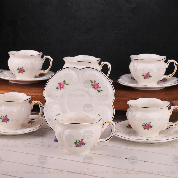KABARTMA DOKULU, ÇİÇEKLİ PİNTEREST 6 KİŞİLİK FİNCAN TAKIMI (MN 0371)