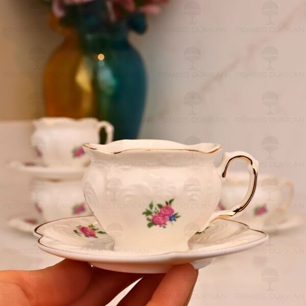 KABARTMA DOKULU, ÇİÇEKLİ PİNTEREST 6 KİŞİLİK FİNCAN TAKIMI (MN 0371)