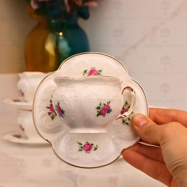 Kabartma Dokulu, Çiçekli Pinterest 6 Kişilik Fincan Takımı (Mn 0371)