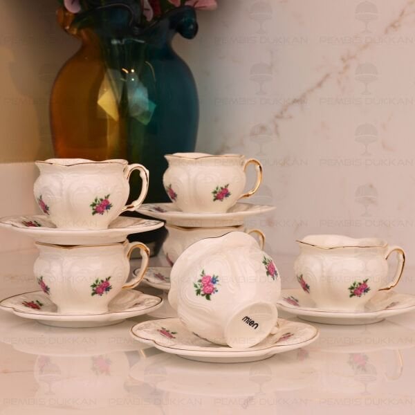 KABARTMA DOKULU, ÇİÇEKLİ PİNTEREST 6 KİŞİLİK FİNCAN TAKIMI (MN 0371)