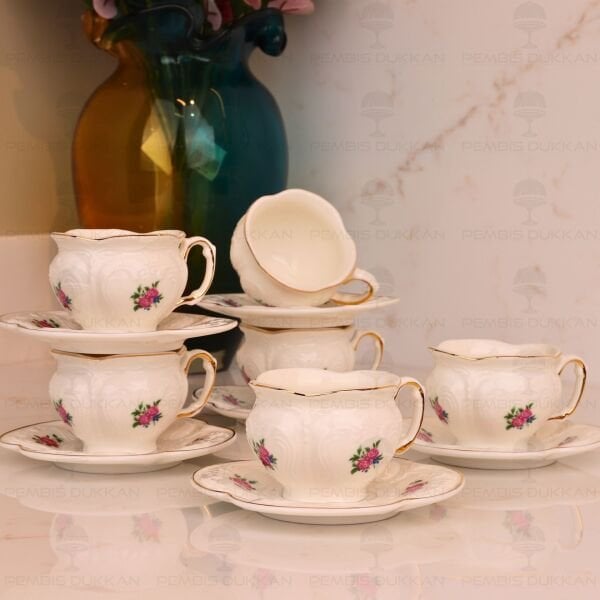 KABARTMA DOKULU, ÇİÇEKLİ PİNTEREST 6 KİŞİLİK FİNCAN TAKIMI (MN 0371)