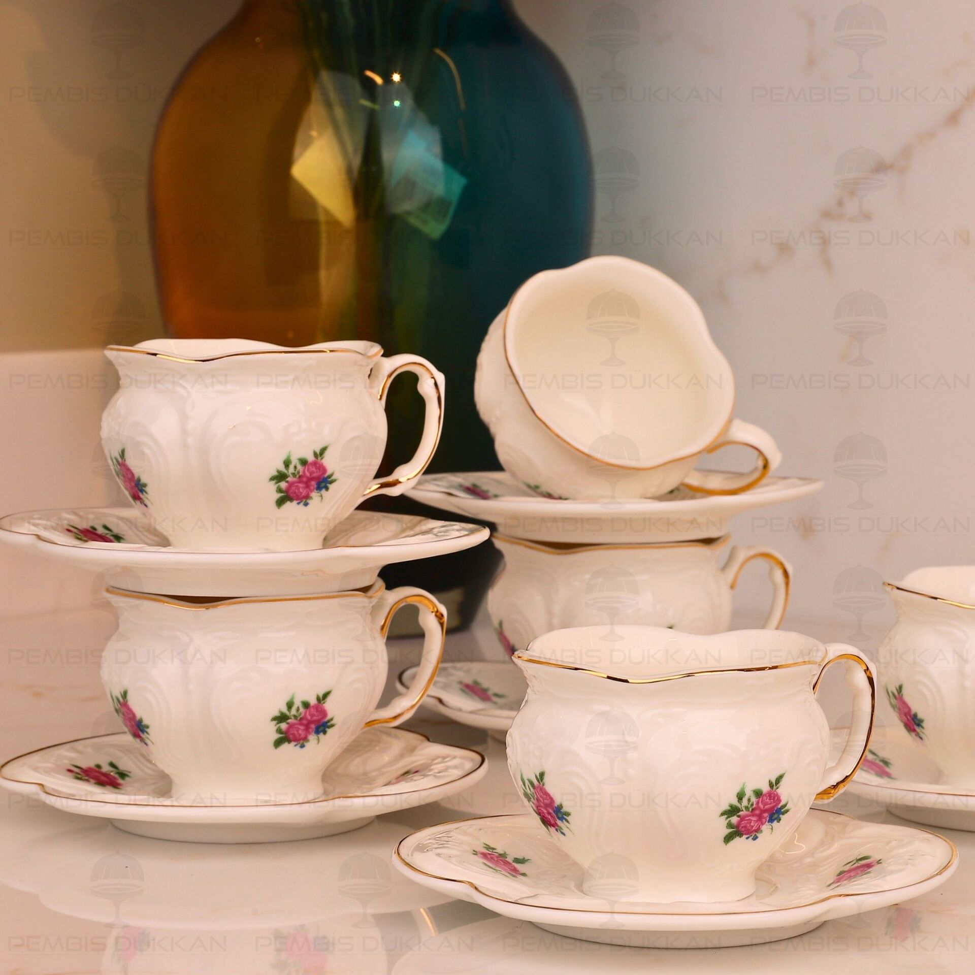KABARTMA DOKULU, ÇİÇEKLİ PİNTEREST 6 KİŞİLİK FİNCAN TAKIMI (MN 0371)