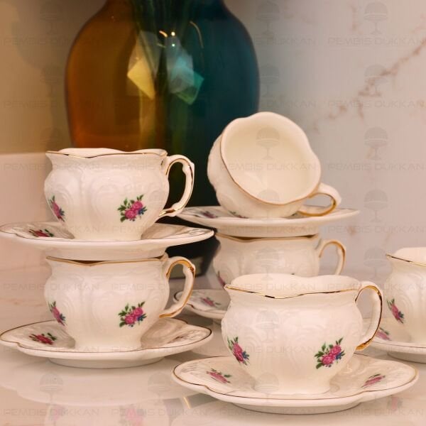 KABARTMA DOKULU, ÇİÇEKLİ PİNTEREST 6 KİŞİLİK FİNCAN TAKIMI (MN 0371)