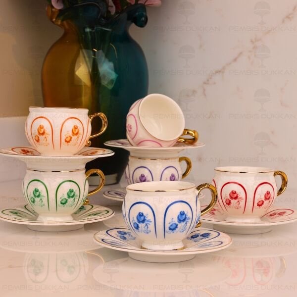 RENKLİ ÇİÇEKLİ 6 KİŞİLİK FİNCAN TAKIMI (MN 0370)