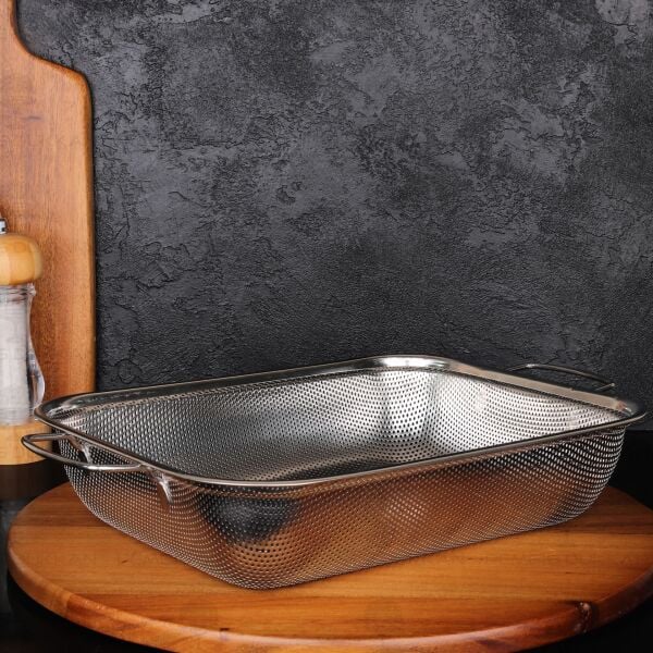 42.5CM DİKDÖRTGEN KULPLU, ÇELİK SÜZGEÇ (SZG377)