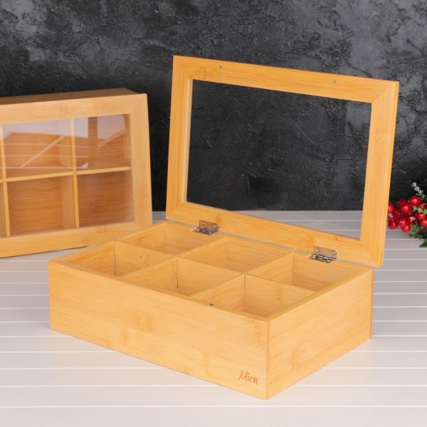 BAMBU DİKDÖRTGEN BÖLMELİ BİTKİ ÇAY KUTUSU