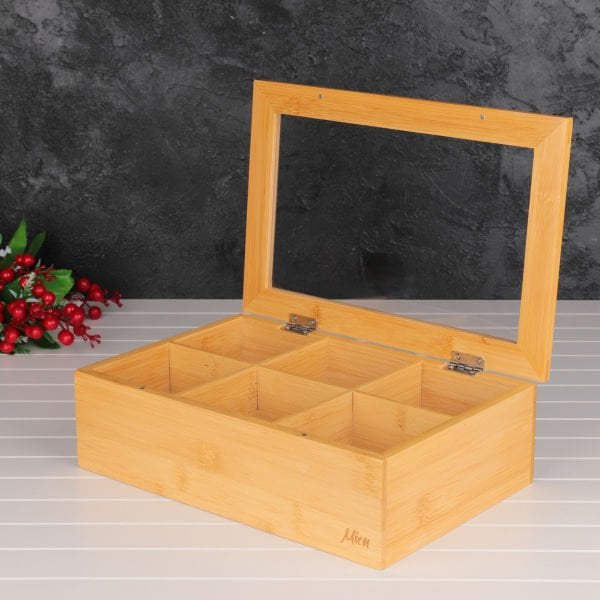 BAMBU DİKDÖRTGEN BÖLMELİ BİTKİ ÇAY KUTUSU