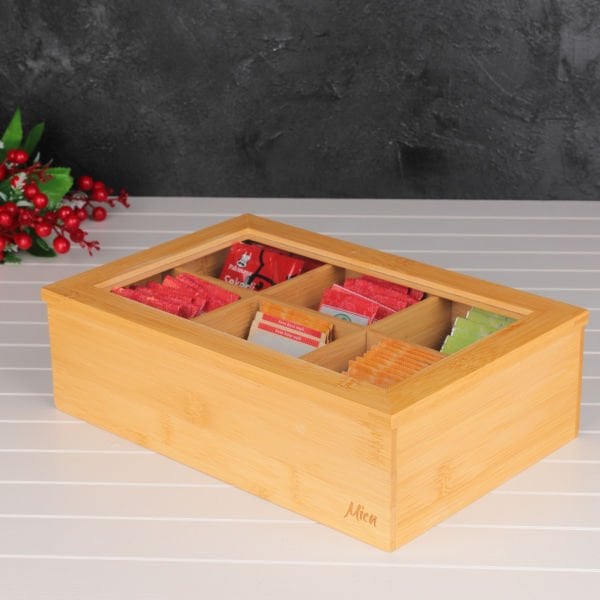BAMBU DİKDÖRTGEN BÖLMELİ BİTKİ ÇAY KUTUSU
