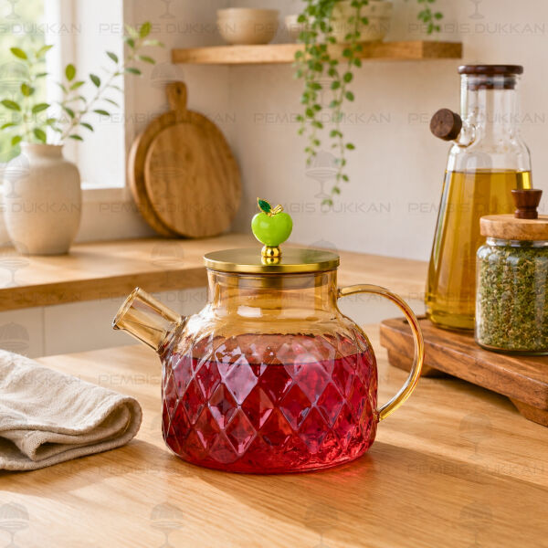 1000ml Mon Amour Baklava Desen, Borosilikat Cam Demlik & Sürahi