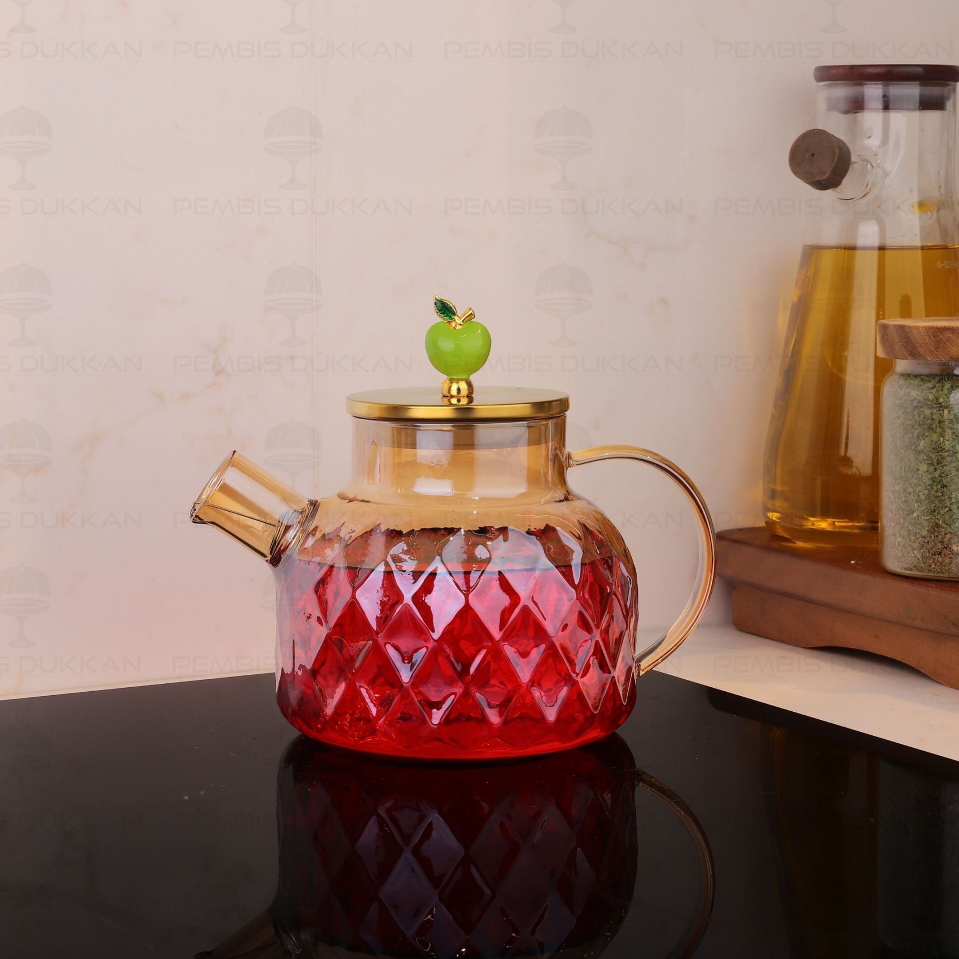1000ml Mon Amour Baklava Desen, Borosilikat Cam Demlik & Sürahi