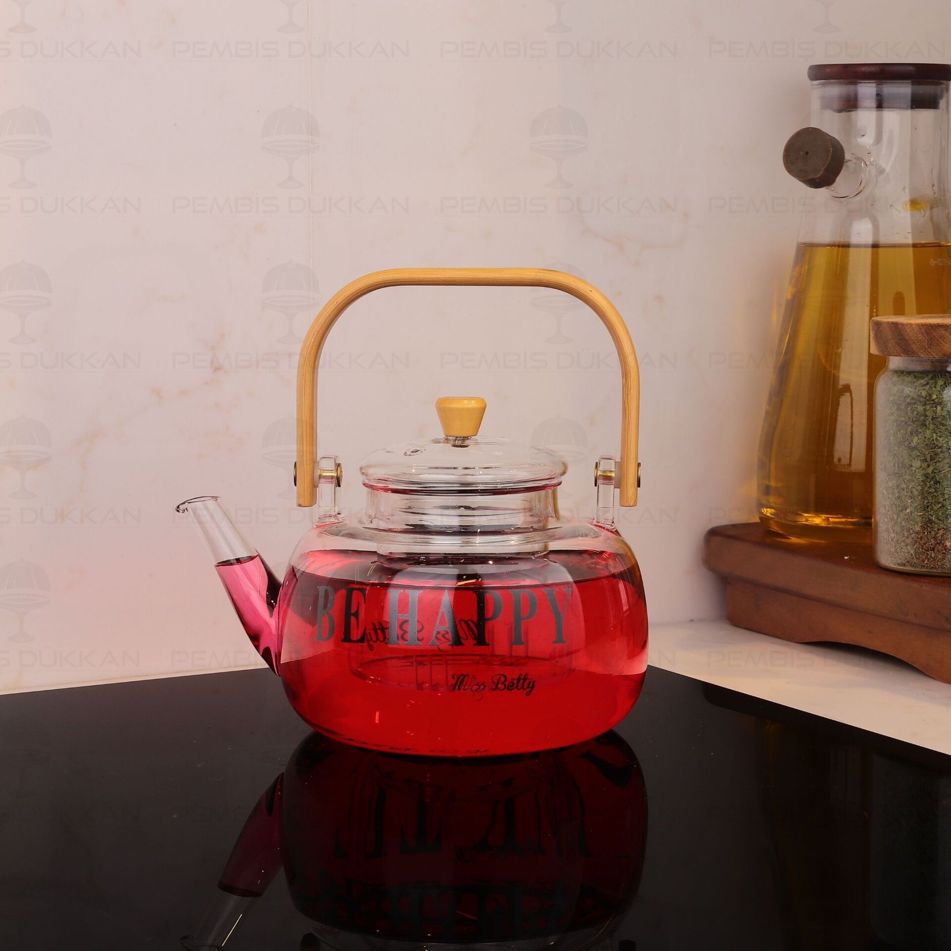 1000ML BAMBU KULPLU BOROSİLİKAT CAM, SÜZGEÇLİ DEMLİK