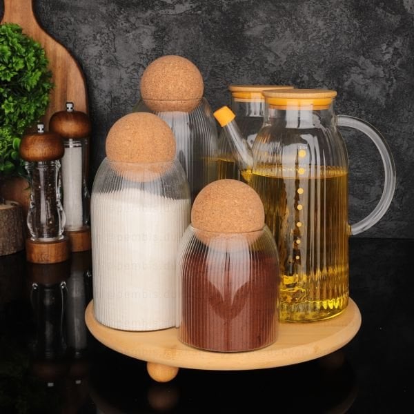 2Lİ YAĞDANLIK+LANFORD MANTAR KAPAKLI KAVANOZ+ 27 CM BAMBU TOP AYAKLI (1090) KOMBİN SET