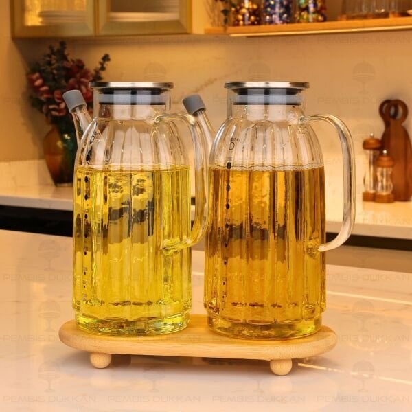 Bambu Altlıklı, 2li Kalın Çizgili Metal Yağdanlık Set (Gla01 + 1526)