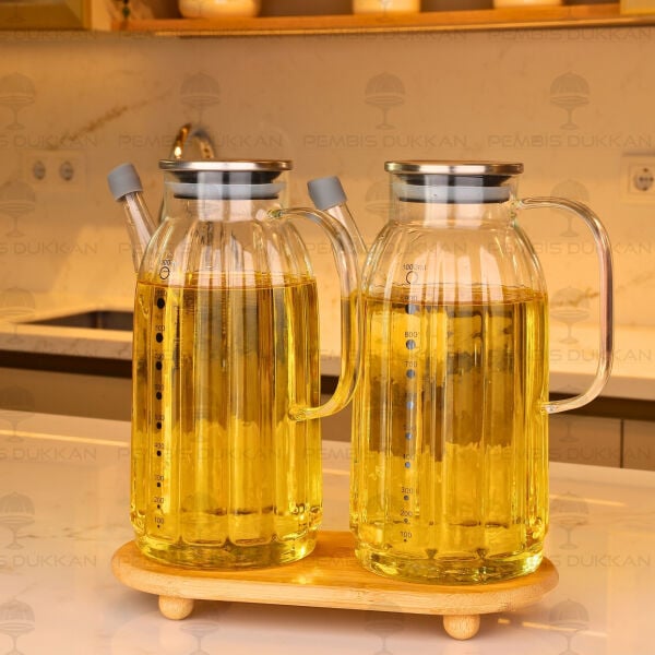 Bambu Altlıklı, 2li Kalın Çizgili Metal Yağdanlık Set (Gla01 + 1526)