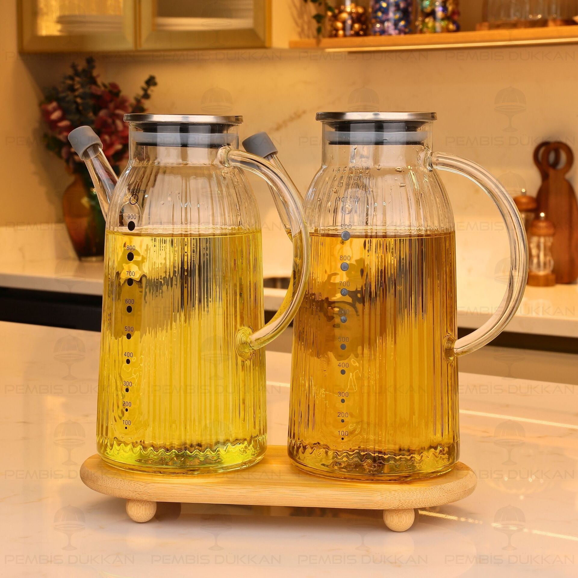Bambu Altlıklı, 2li İnce Çizgili Metal Yağdanlık Set (Gla03 + 1526)