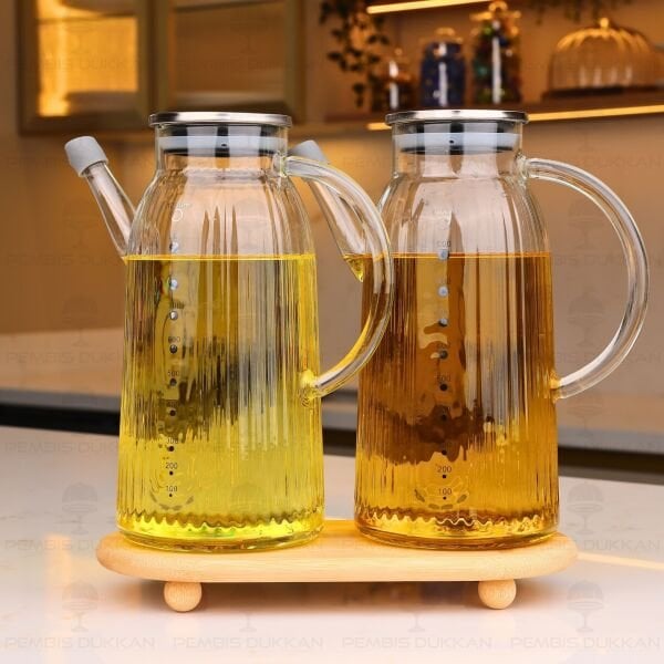 Bambu Altlıklı, 2li İnce Çizgili Metal Yağdanlık Set (Gla03 + 1526)