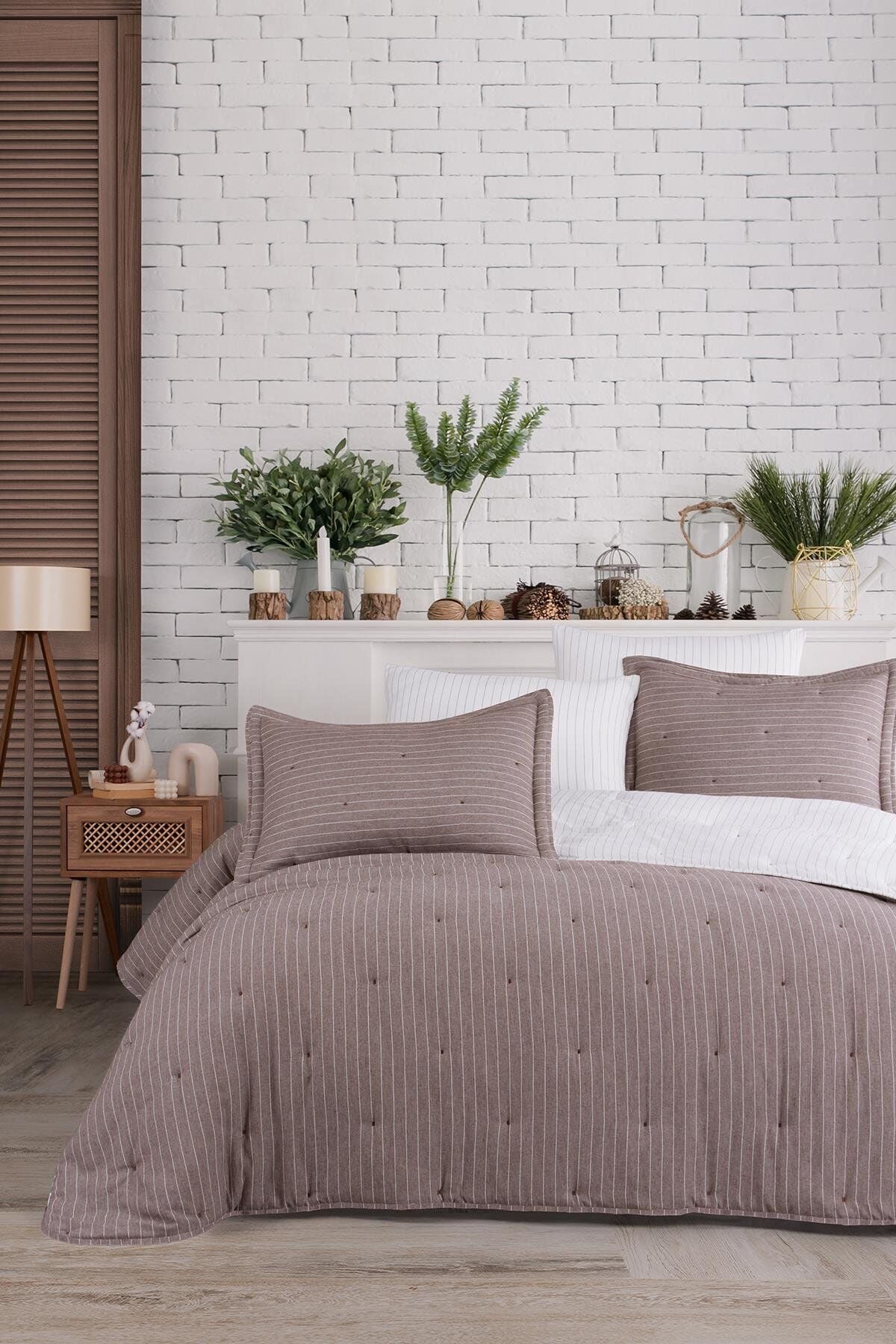 SOFT DREAMS ÇİFT KİŞİLİK NATURAL YATAK ÖRTÜ SETİ - KAHVE