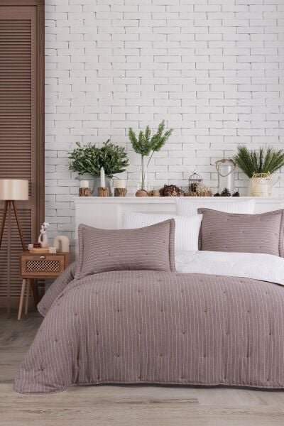 SOFT DREAMS ÇİFT KİŞİLİK NATURAL YATAK ÖRTÜ SETİ - KAHVE