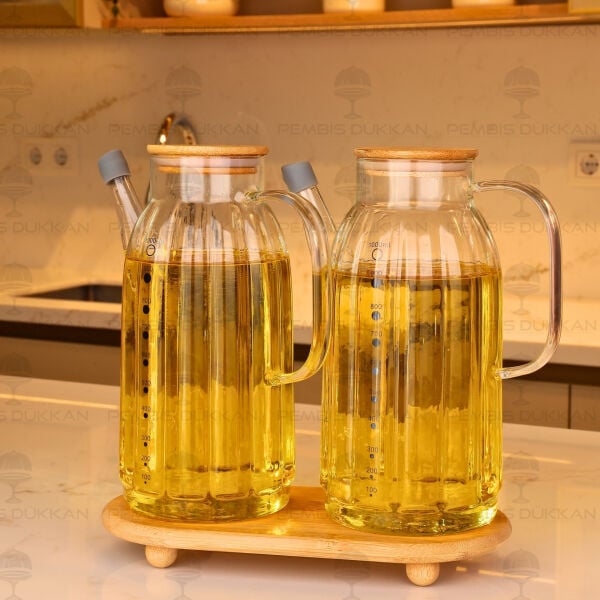 Bambu Altlıklı, 2li Kalın Çizgili Bambu Yağdanlık Set (Gla02 + 1526)