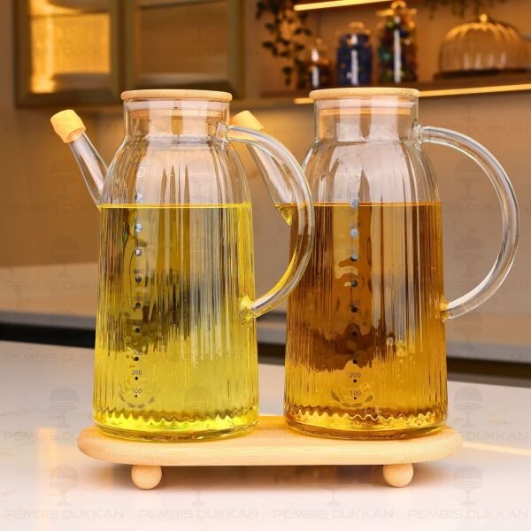 Bambu Altlıklı, 2li İnce Çizgili Bambu Yağdanlık Set (Gla04 + 1526)