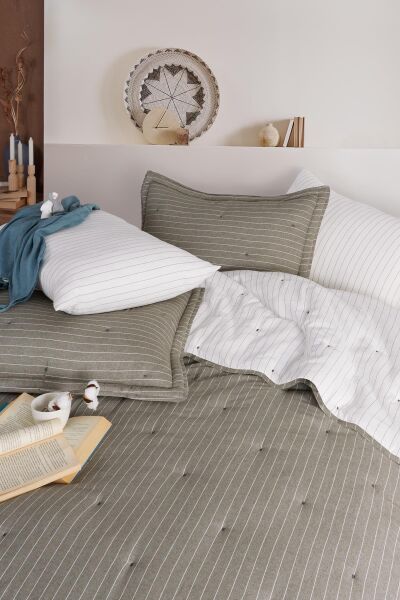 SOFT DREAMS ÇİFT KİŞİLİK NATURAL YATAK ÖRTÜ SETİ - HAKİ