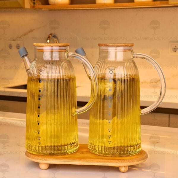 Bambu Altlıklı, 2li İnce Çizgili Bambu Yağdanlık Set (Gla04 + 1526)