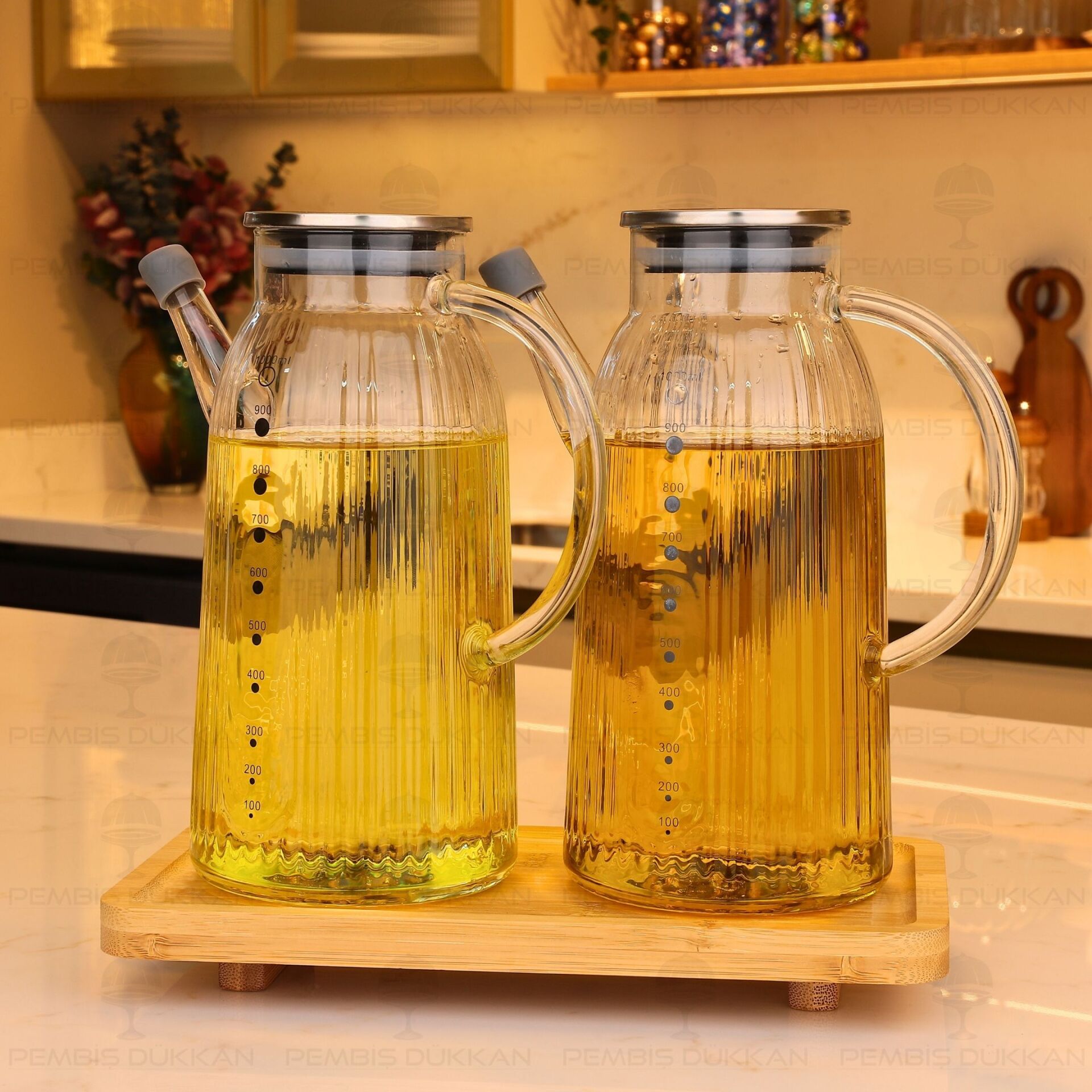 Bambu Altlıklı, 2li İnce Çizgili Metal Yağdanlık Set (Gla03 + 8b31)