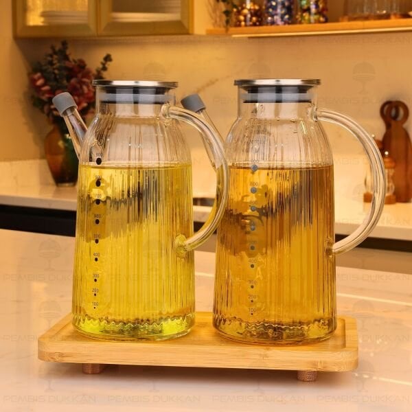 Bambu Altlıklı, 2li İnce Çizgili Metal Yağdanlık Set (Gla03 + 8b31)