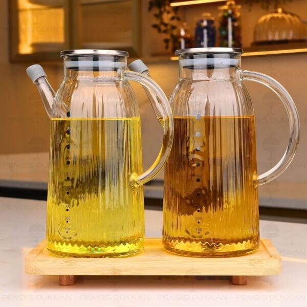 Bambu Altlıklı, 2li İnce Çizgili Metal Yağdanlık Set (Gla03 + 8b31)