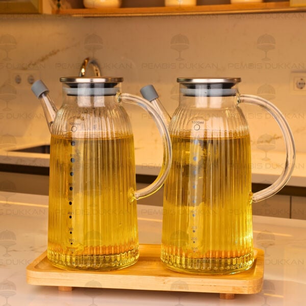 Bambu Altlıklı, 2li İnce Çizgili Metal Yağdanlık Set (Gla03 + 8b31)