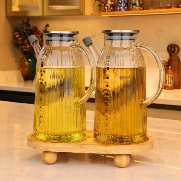 Bambu Altlıklı, 2li İnce Çizgili Metal Yağdanlık Set (Gla03 + 1094)